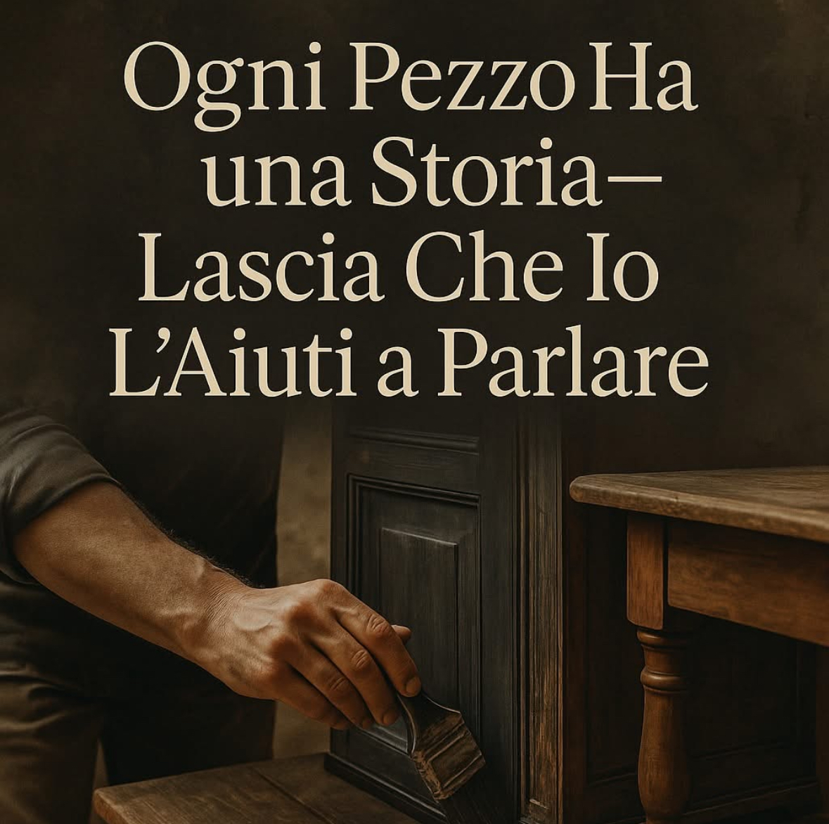 Munir al lavoro con il pennello su un mobile in legno durante un restauro